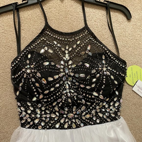 Halter Top Embellished Black and White Gown - Picture 2 of 13